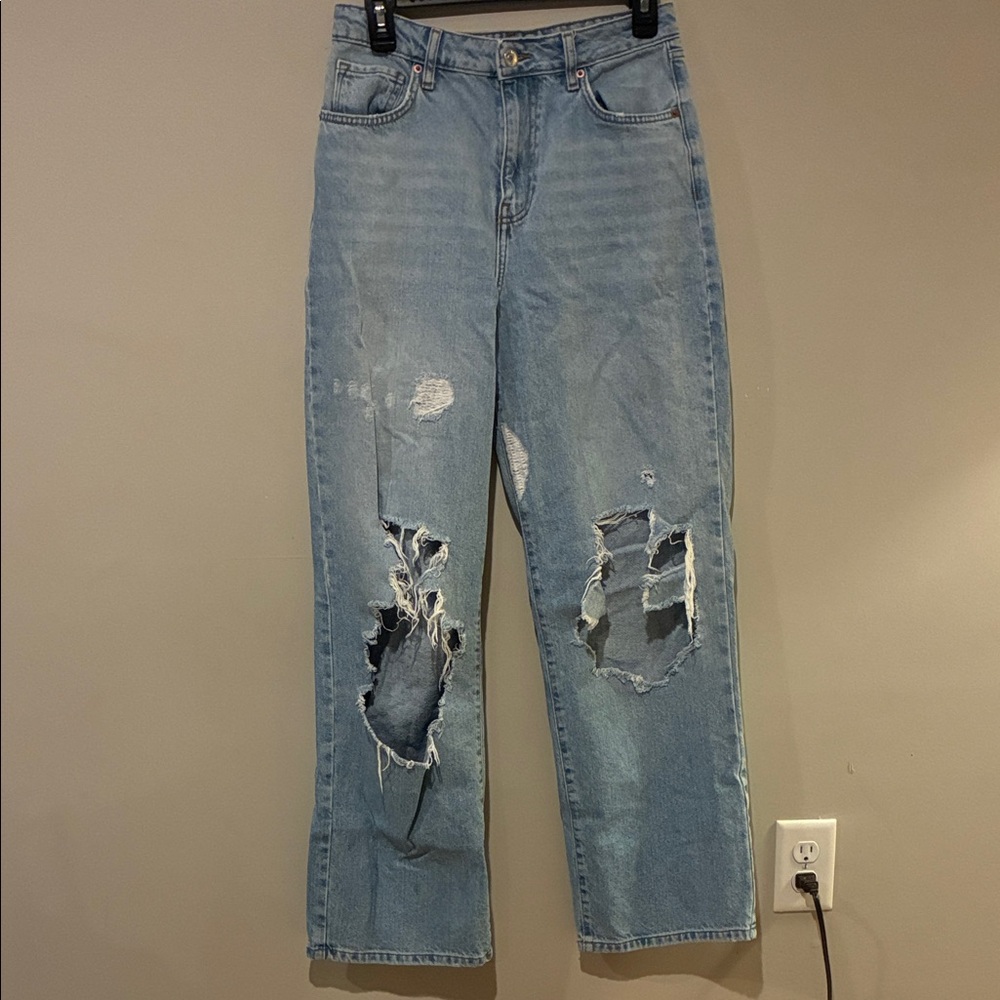 Forever 21 Light Blue Distressed Wide Leg Jeans